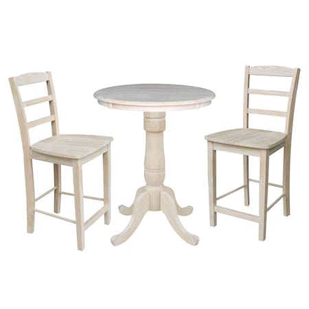 International Concepts Round 30 in Rd Ped Gathering Ht Table, 2 Madrid Counter Ht Stools, Unfinished, 30 in W, 30 in L, Wood K-30RT-6B-S402-2